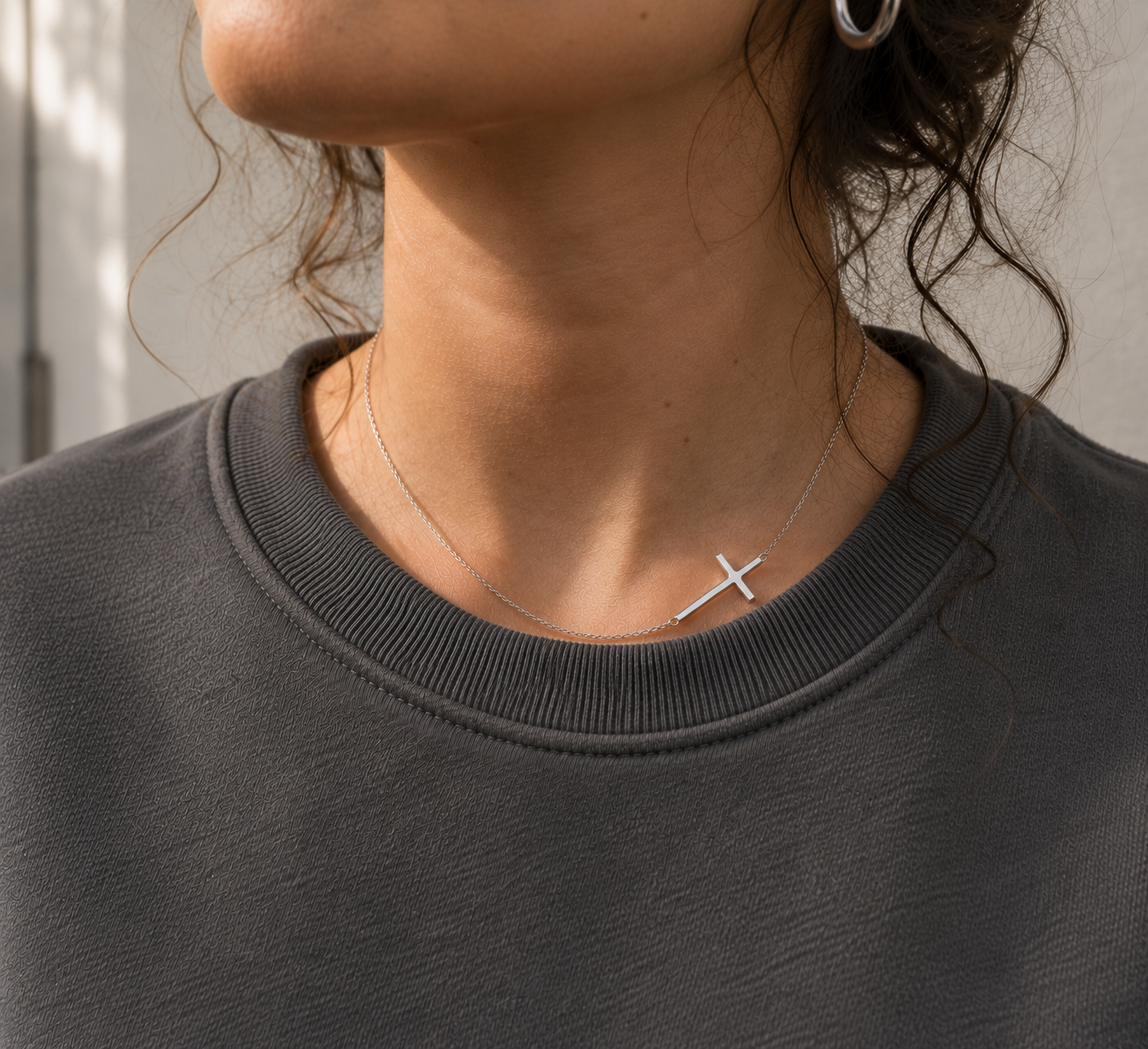 Sterling Silver (925) Side Cross Necklace
