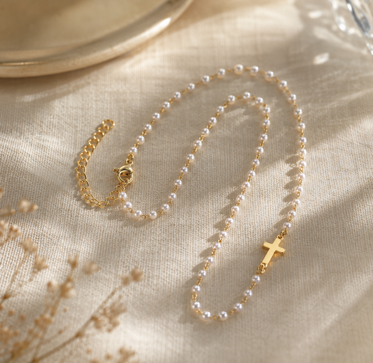 Side Cross Pearl Necklace